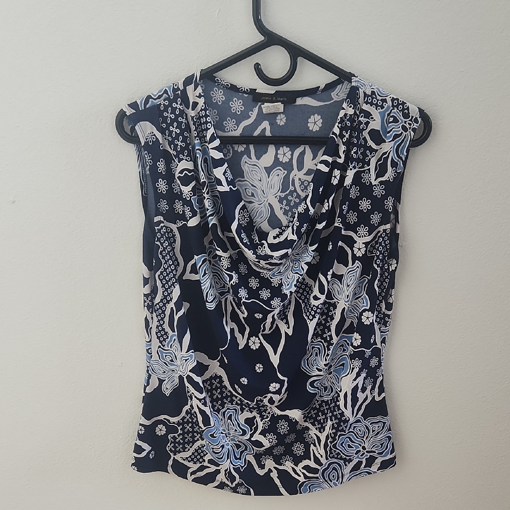 Jennie And Marlis Navy and White Floral Women's Draped Top